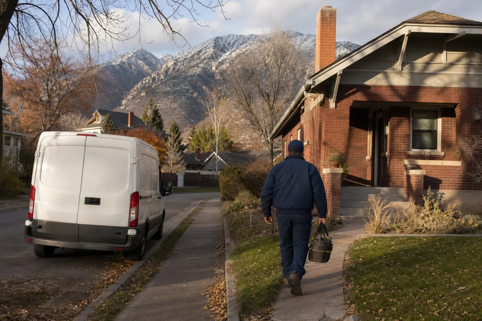 A tradesperson carrying a toolbag up the front walk of a brick bungalow, with a work van at the curb and mountains behind
