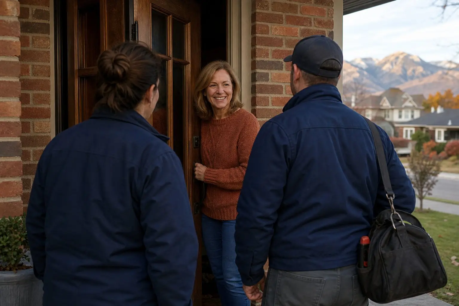 A smiling homeowner opening her front door to two tradespeople on the porch