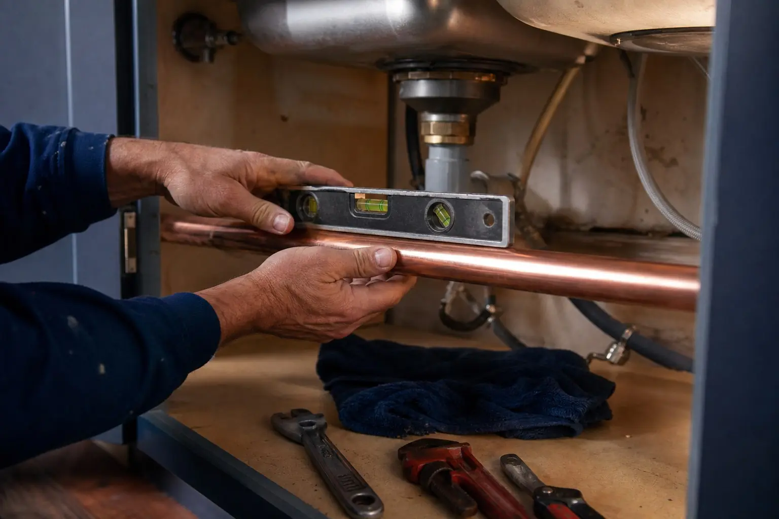 A tradesperson's hands holding a level against new copper pipe under a sink