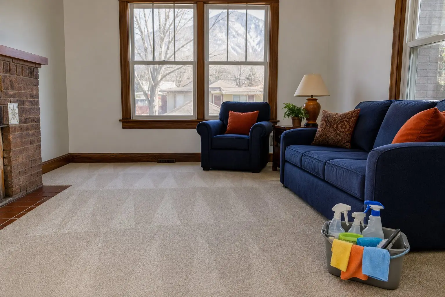 A freshly cleaned living room with a cleaning caddy and vacuumed carpet