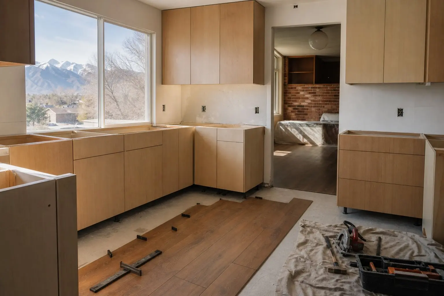 A kitchen mid-remodel with new cabinets and plank flooring being laid
