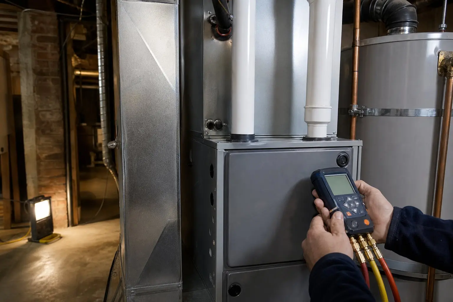 A technician's hands checking a modern furnace beside a strapped water heater