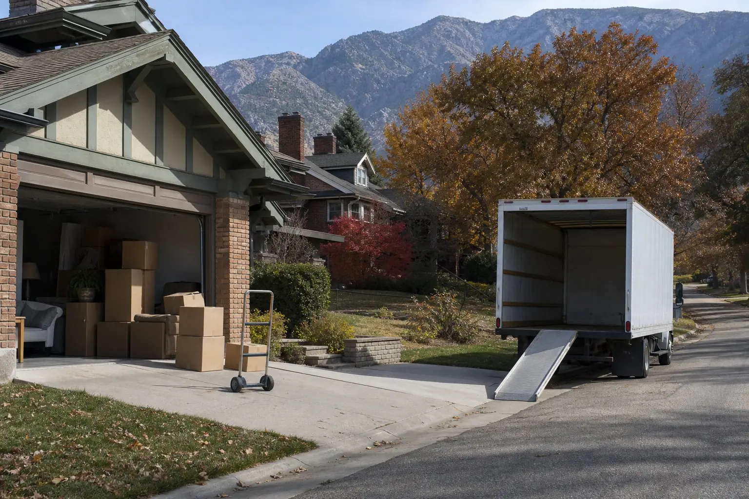 Moving boxes and a dolly at an open garage door with an unmarked truck at the curb