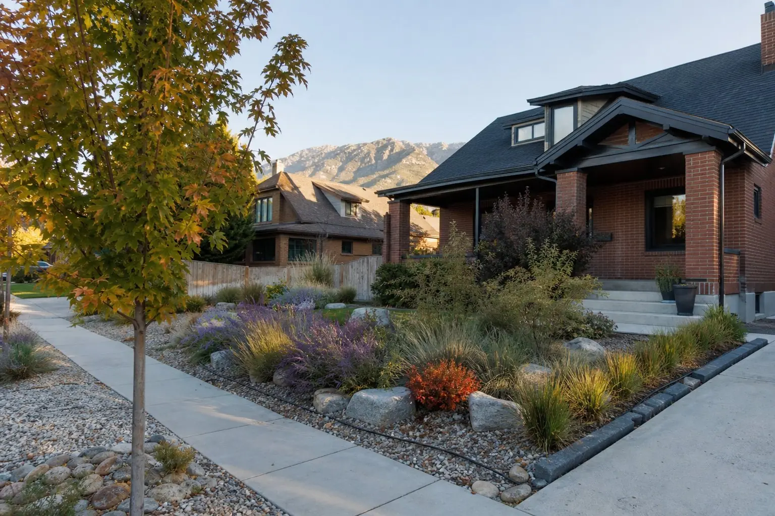 A water-wise front yard and park strip with a young street tree beside a concrete sidewalk